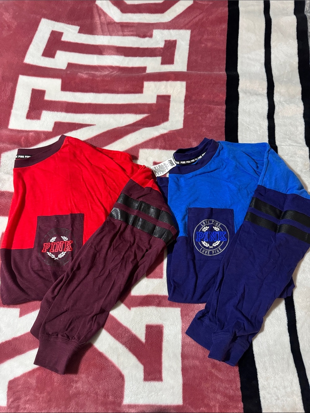 PINK Victoria's Secret Red & Blue Long Sleeve Tee Set